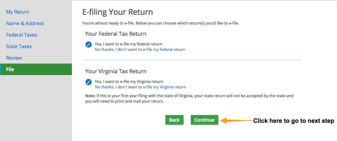 E-filing your return screen in efile.com software.