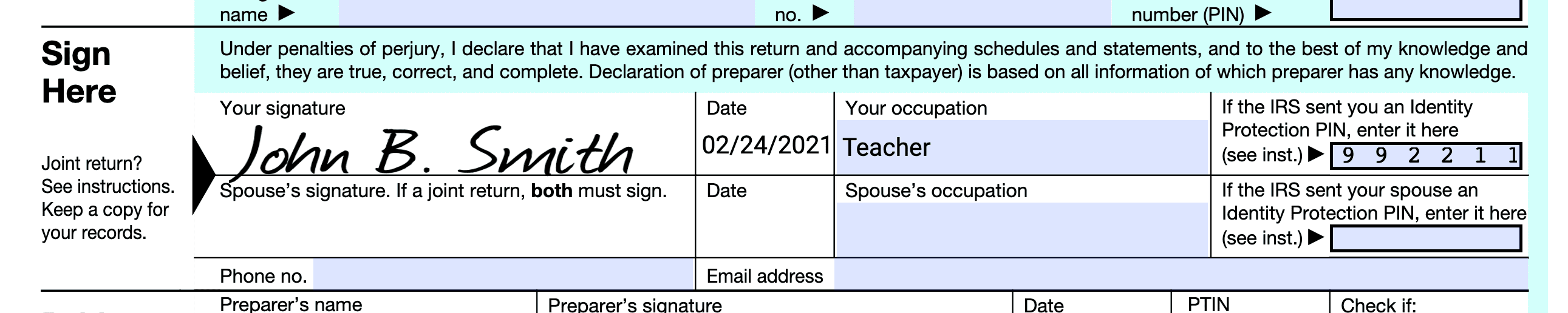 1040 Form Mail Return - Sign and Date