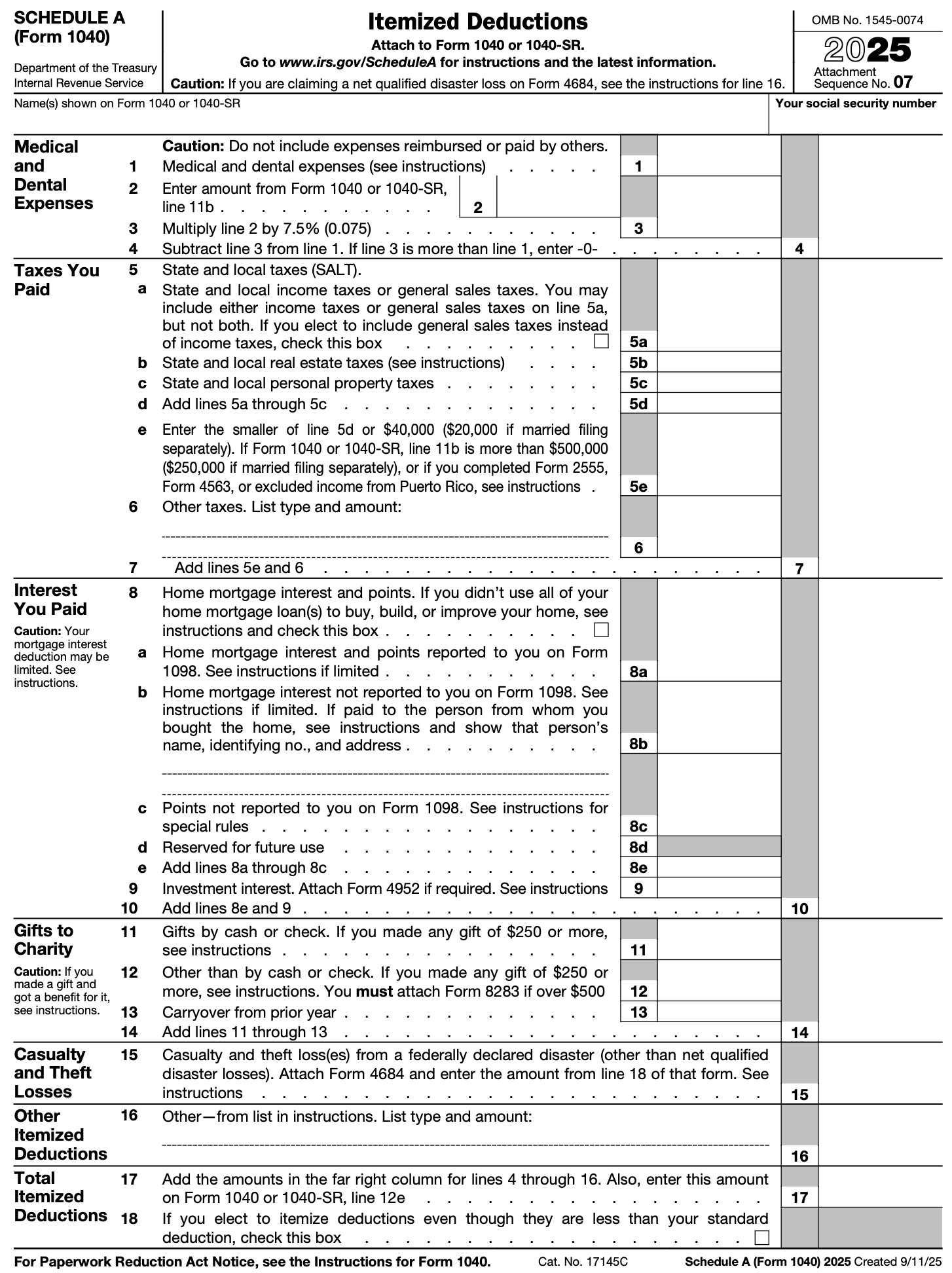 Schedule A Itemized Deductions